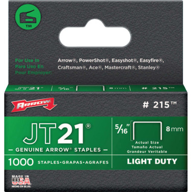 Arrow Fastener JT21 Light Duty 7/16" Staples, 5/16" Leg, (1,000/Pack), #215