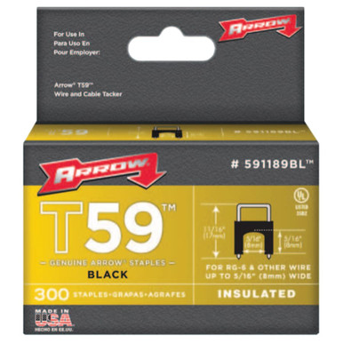 Arrow Fastener T59 Insulated 5/16" Staples, 5/16" L, Black, (300/Box), #591189BL