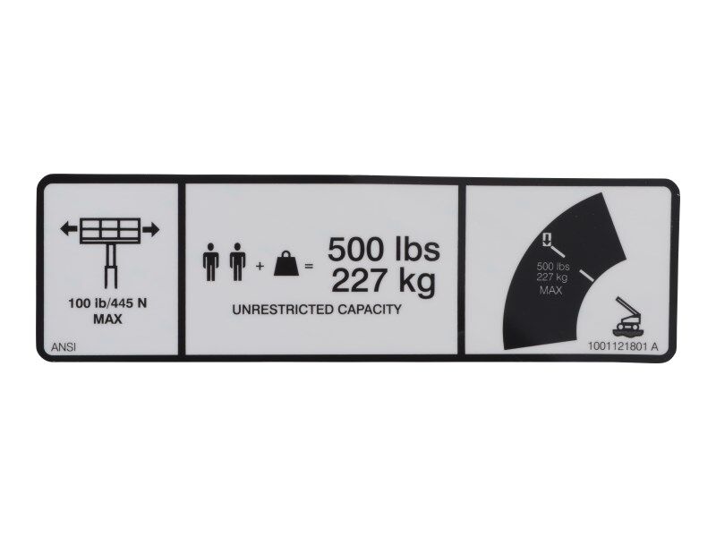 1001121801 Decal, Max Cap. 500Lbs/227Kg | JLG