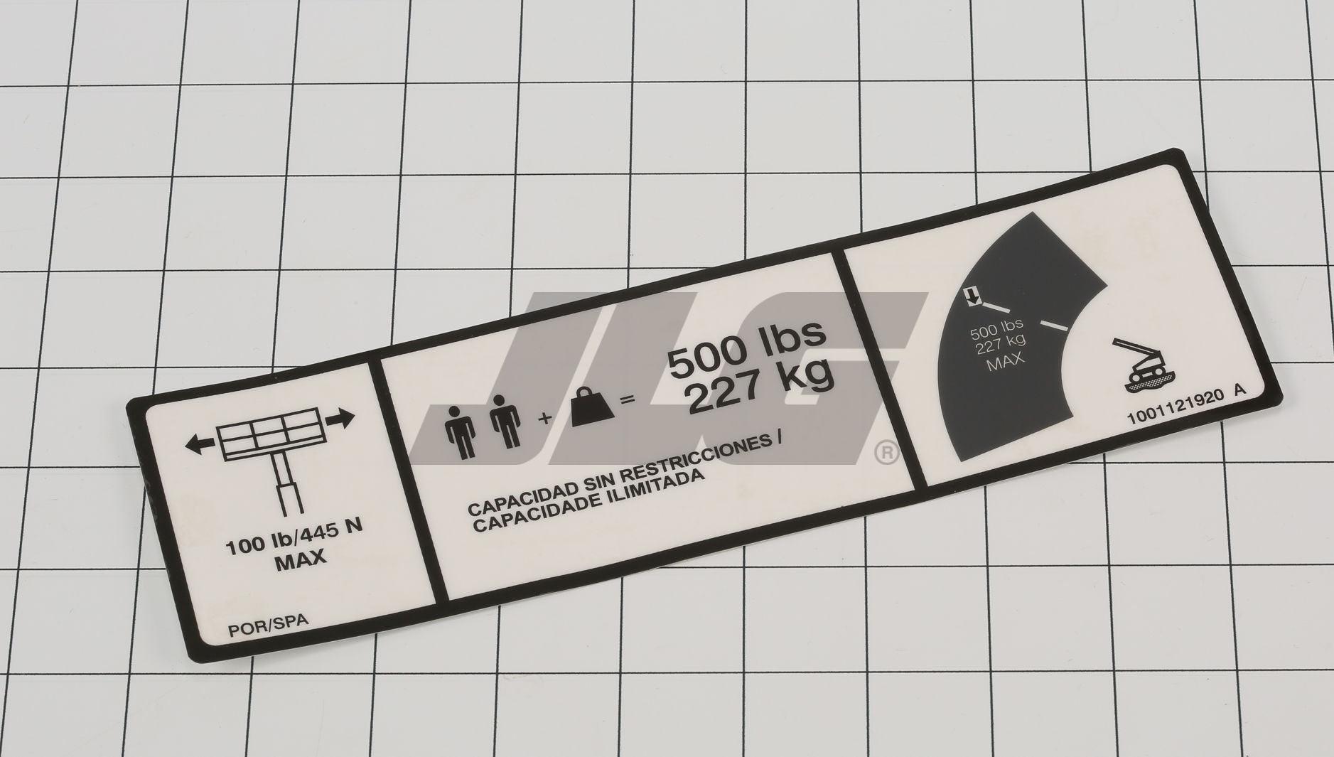 1001121920 Decal, 500 Max Cap (Por/Spa) | JLG