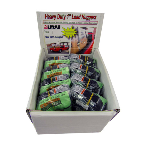 Lift-All Load Hugger™ 1 in. x 15 ft. Polyester Tie Down w/ Ratchet, 1-Ply, Coated Open Hook, 2,100 lbs. Ultimate Strength, 700 lbs. Working Load Limit (16 pc. Display Pack)