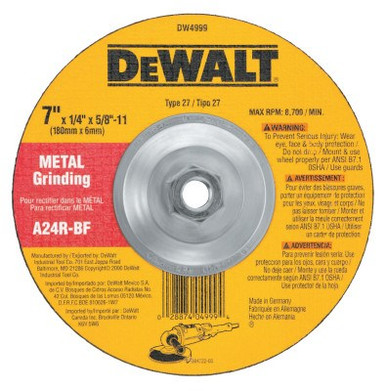 DeWalt Type 27 Depressed Center Wheels, 7 X 1/4 X 5/8 in-11, A24R Grit, Aluminum Oxide, 10/BX, #DW4999