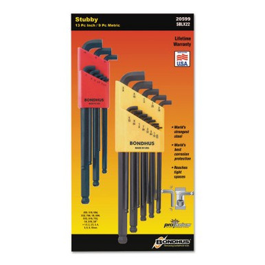 Bondhus Balldriver Stubby L-Wrench Key Sets, 22 per set, Hex Ball Tip, Inch/Metric, 1/ST, #20599
