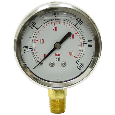 600 PSI 40 BAR Pressure 2.5" Dia. Liquid Filled Lower Mount 1/4" NPT Stainless Steel Gauge Dynamic CF1P-040-A