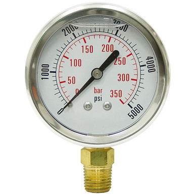 5000 PSI 350 BAR Pressure 2.5" Dia. Liquid FilledLower Mount 1/4" NPT Stainless Steel Gauge Dynamic CF1P-350-A