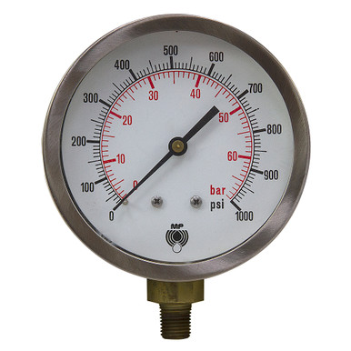 1000 PSI 70 BAR Pressure 4.5" Dia. Dry Lower Mount 1/4" NPT Stainless Steel Gauge