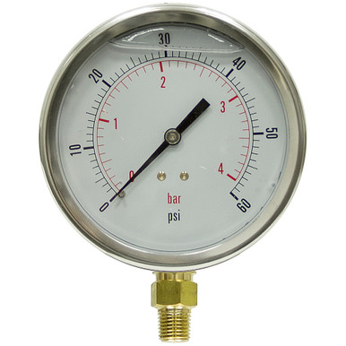 60 PSI 4 BAR Pressure 4" Dia. Liquid Filled Lower Mount 1/4" NPT Stainless Steel Gauge Dynamic PDLC-2P-004-A