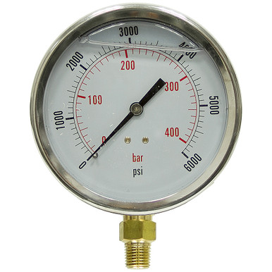 6000 PSI 400 BAR Pressure 4" Dia. Liquid Filled Lower Mount 1/4" NPT Stainless Steel Gauge Dynamic PDLC-2P-420-A