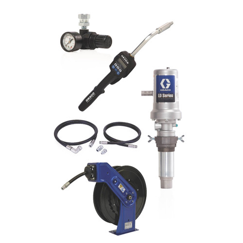 Graco 24K777 LD Series 3:1 Deluxe Tank Mount Oil Pump w/SD Series 12 in. x 50 ft. Hose Reel Kit, Preset Meter Rigid Ext.