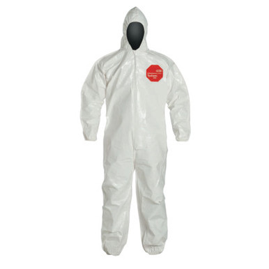 DuPont Tychem SL Coveralls, 4XL, Bound , Elastic Wrists/Ankles, Hood, Storm Flap, 12/CA, #SL127BWH4X001200