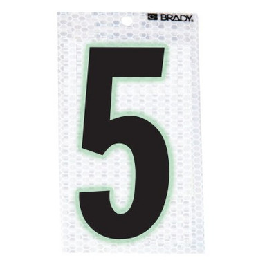 Brady Glow-In-The-Dark/Ultra Reflective Numbers, 3.5 in x 2.5 in, "5", Black/Silver, 1/EA, #30105