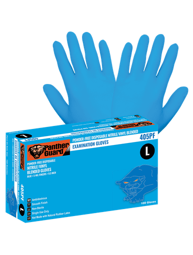 Panther-Guard Medical-Grade, Powder-Free, Blue Nitrile/Vinyl Blended, 5-Mil, Smooth Finish, 9.5" Disposable Examination Glove Size 7(S) 100/Box, 10 Boxes, #405PF-S