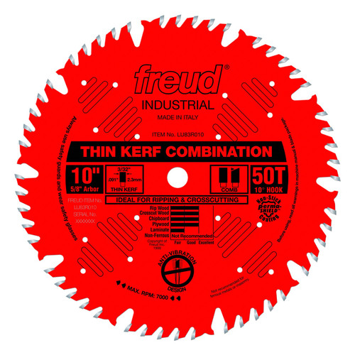 Freud Industrial-coated Thin Kerf Combination Circular Saw Blade 10" x 50T
