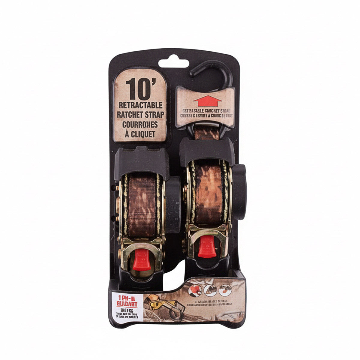 2 PACK - 1" X 10'RETRACTABLE RATCHET STRAPS - CAMO WEBBING - 1200 Lb CAPACITY