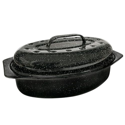 GraniteWare Covered Roasting Pan, Black Enamelware, 13 In.