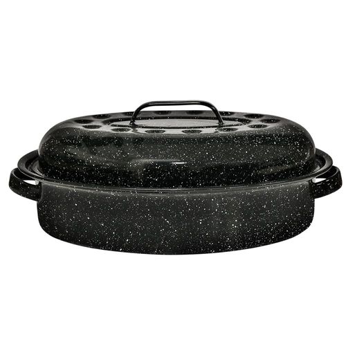 GraniteWare Covered Roasting Pan, Black Enamelware, 15 In.