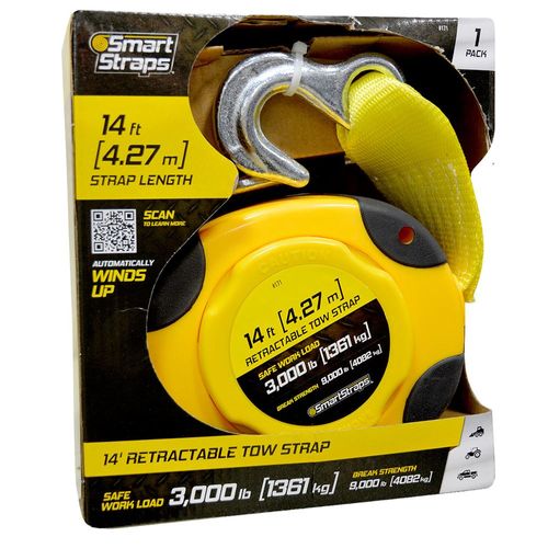 Yellow Retractable Tow Strap, 14 inches, 9000 Pounds