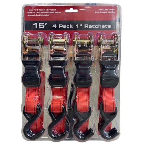 Ratchet Tie Down Set, 4 Pack, 15 Ft. x 1 In.