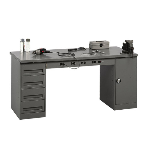 Tennsco Electronic Modular Work Bench, Steel Top w/1 4-drawer unit, 1 shelf cabinet & outlet panel