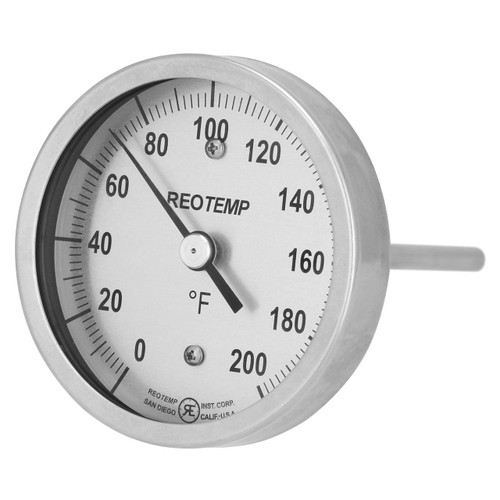 Reotemp AA Series Back Connect Bimetal Thermometer, 3 in. Dia. Dial, Temp Range 0° to 150°F