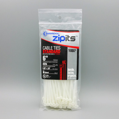 6" Cable Tie, 40 lb, Natural, Branded, (100/Bag, 12 Bags)