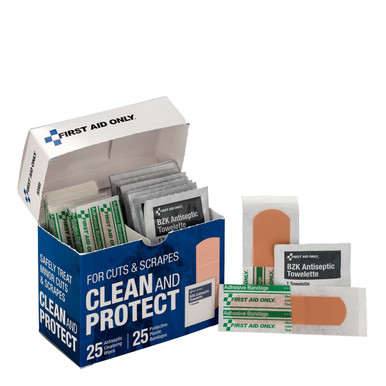 Clean and Protect for Cuts & Scrapes with 25 BZK Antiseptic Wipes and 25 Protective Plastic Bandages, 1" x 3" and 3/4" x 3" 90966
