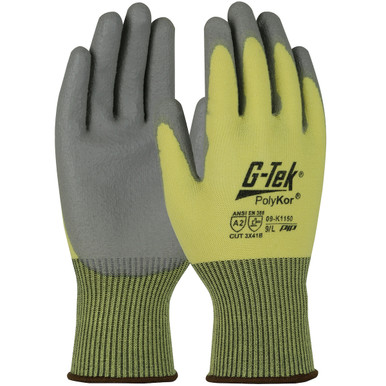 G-Tek Polykor, Yellow 13G Aramid/Fiberglass Seamless Knit, Gray Pu Grip A2 - Size L, Yellow, Cut Resistant Gloves, 1 Dozen 09-K1150/L