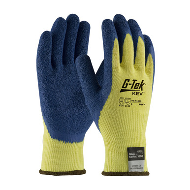 Yellow XL G-Tek KEV, 100% Kevlar 10G Yellow Shell, Blue Latex Crinkle Grip, A3 Gloves made with Kevlar Brand Fiber 1 Dozen 09-K1310/XL