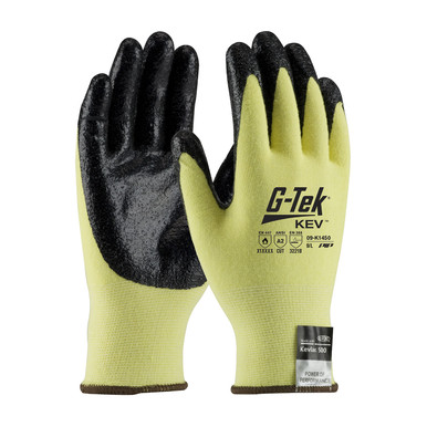 Yellow L G-Tek KEV, Yellow 13G Kevlar/Lycra Shell, Black Nitrile Smooth Grip A2 Gloves made with Kevlar Brand Fiber 1 Dozen 09-K1450/L