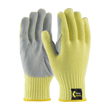Yellow L Kut Gard, Yellow 7G Kevlar Shell, Cowhide Leather Palm, Med. Wgt, A4 Gloves made with Kevlar Brand Fiber 1 Dozen 09-K300LP/L