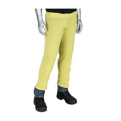 Yellow 36 Kevlar Rashel chaps, 36" long, black webbing belt w/buckle,closure behind knees, hemmed Chaps 10-KR36CHAPS