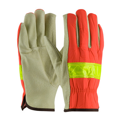Hi-Vis Orange L Hi-Vis Fabric, Top Grain Pigskin Leather Driver, Keystone Thumb Hi-Visibility Leather Gloves 1 Dozen 125-368/L
