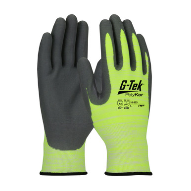 Hi-Vis Yellow XS G-Tek PolyKor, HV Yellow 15G Shell, Nitrile Foam Grip, Thumb Crotch, A2 Gloves with PolyKor Fiber 1 Dozen 16-323/XS