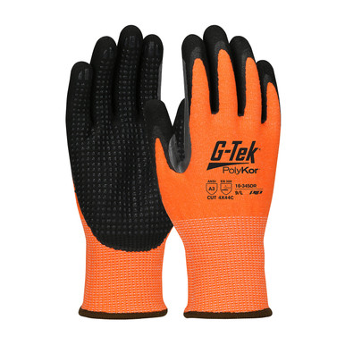 Hi-Vis Orange XS G-Tek PolyKor, HV Org 13G Shell, DD Nitrile MS Extended Thumb Crotch A3 Gloves with PolyKor Fiber 1 Dozen 16-345OR/XS