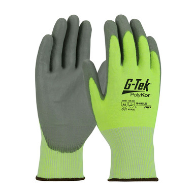 Hi-Vis Yellow M G-Tek PolyKor, HV Lime Green 13G Shell, Gray Polyurethane Grip, A5 Gloves with PolyKor Fiber 1 Dozen 16-645LG/M