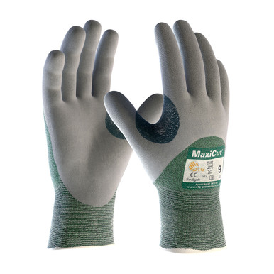 Green XS MaxiCut, Green 15G Eng Yarn Shell, Gray 3/4 Nitrile MicroFoam Grip, A2 Gloves for Cut Protection by ATG 1 Dozen 18-575/XS