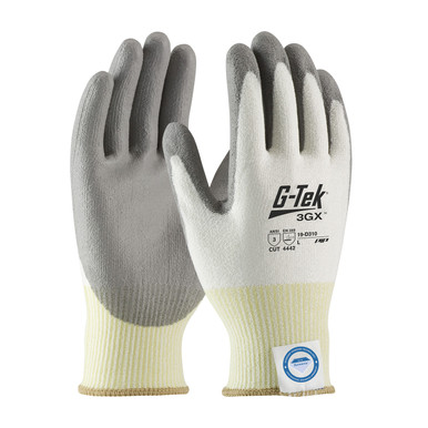 White XXL G-Tek 3GX Dyneema Diamond,13G White Shell, Gray PU Smooth Grip, A3 Gloves made with Dyneema 1 Dozen 19-D310/XXL