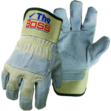 Boss Split Cowhide Leather Palm, Reg Grade, Natural Fabric Back, Safety Cuff, XL - Size XL, Natural 1 Pair - Split Leather Palm 1JL5467KX