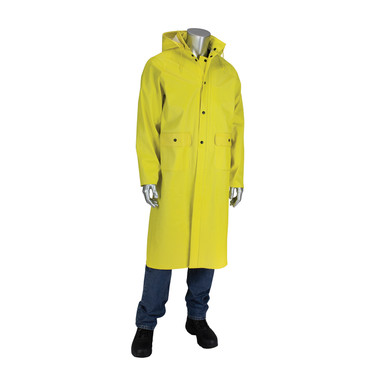Yellow XL Rain Coat 48 inch .65mm Ribbed PVC /Polyester, Detachable Hood, Yellow PVC/Nonwoven 201-650C/XL