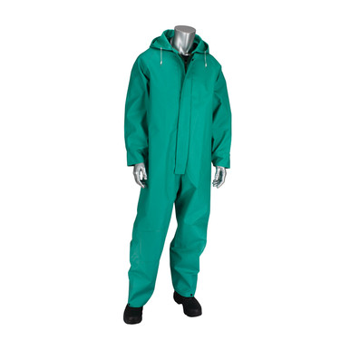 Green 3X Rain Coverall .42mm PVC/Nylon/PVC, FR Treated, Hood, Inner Cuff, Green FR Treated PVC/Nylon/PVC 205-420CV/3X