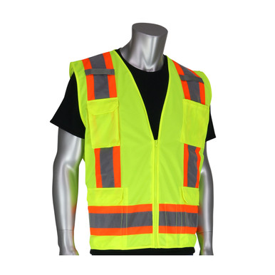 Hi-Vis Orange XL Class 2 Solid/Mesh Vest, Zipper, 8 Pockets, Mic Tab, Two Tone Tape, LY Hi-Visibility Vest 302-0500-YEL/XL
