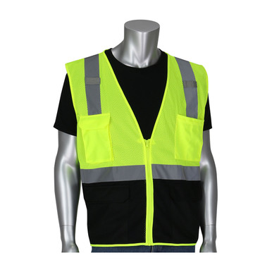 Hi-Vis Yellow M Type R Class 2 Black Bottom Mesh 5 Pocket Vest, Mic Tabs, Zipper, LY Hi-Visibility Vest 302-0710B-LY/M