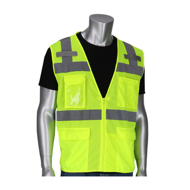 Hi-Vis Yellow L Class 2 Mesh Value Surveyors Vest 5 Pockets, Mic Tabs, Zipper, LY Hi-Visibility Vest 302-0750-LY/L