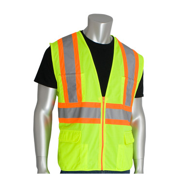 Hi-Vis Yellow 2XL Class 2 Solid Vest, 12 Pockets, Zipper Closure, Two Tone Tape, OR Hi-Visibility Vest 302-MAPOR-2X