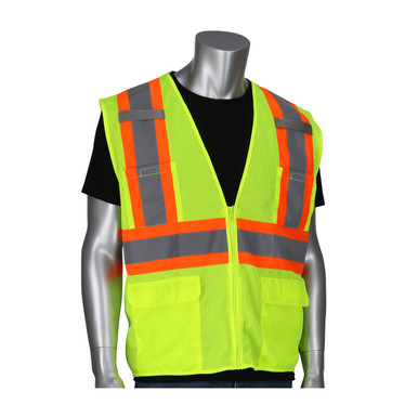 Hi-Vis Yellow 5X Class 2 Mesh Vest, 6 Pockets, Zipper, Mic Tabs, Two Tone Tape,LY Hi-Visibility Vest 302-MVZT-LY/5X