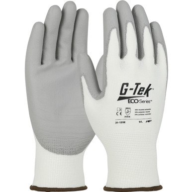 G-Tek Eco, 13G White Recycled Yarn Shell,Gray Pu Grip,Global Recycled Standard - Size 2XL, White, SeamlessGlove Coated, 1 Dozen 31-131R/XXL