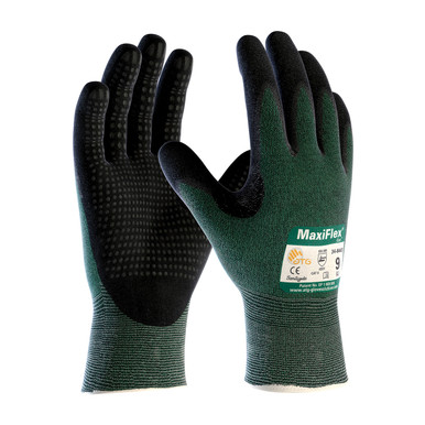 Green XS MaxiFlex Cut, Green Eng Yarn, Black Nitrile Dotted MicroFoam Grip, A2 Gloves for Cut Protection by ATG 1 Dozen 34-8443/XS
