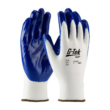 White L G-Tek GP, White 13G Nylon Shell, Blue Nitrile Smooth Grip Seamless Knits for General Duty 1 Dozen 34-C229/L
