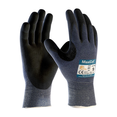 Blue XL MaxiCut Ultra, Blue Eng Yarn, Black MicroFoam Nitrile Coating, A3 Gloves for Cut Protection by ATG 1 Dozen 44-3745/XL