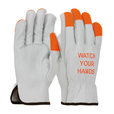 Natural L TG Cowhide, Economy Grade, Hi-Vis Orange Fingertips & Logo, Keystone Hi-Visibility Leather Gloves 1 Dozen 68-162HV/L